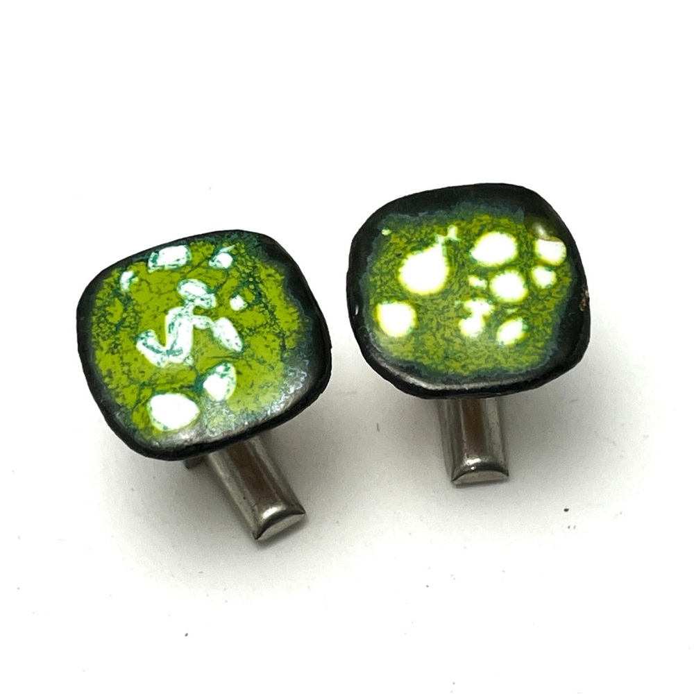 Vintage Cufflinks Green Enamel on Copper Abstract Squares